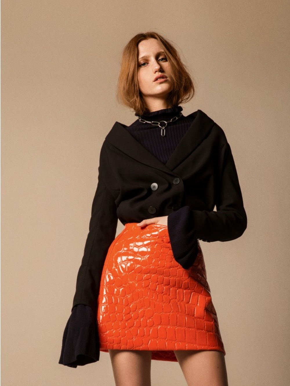 Miu Miu Orange Croc-Embossed Mini Skirt